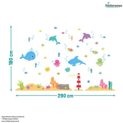 Colourful Underwater Wall Stickers on a with size guide