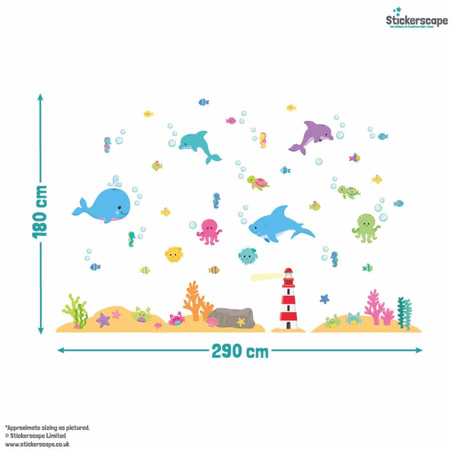 Colourful Underwater Wall Stickers on a with size guide