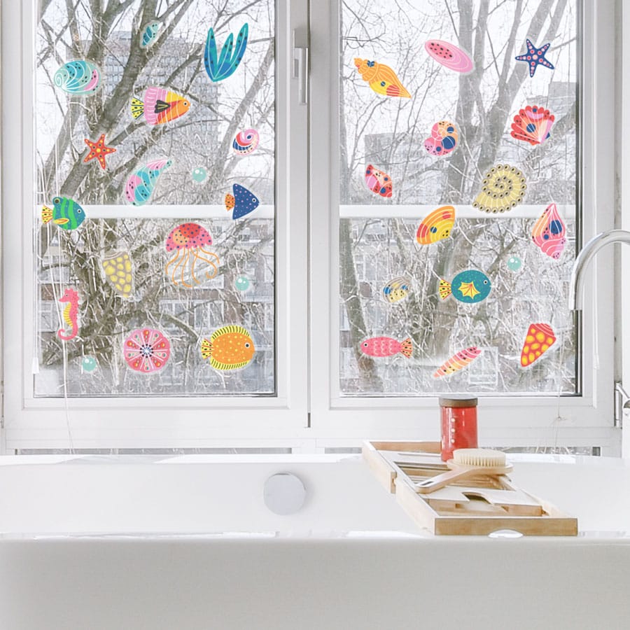 Seashells and Fish Window Stickers on a bathroom window