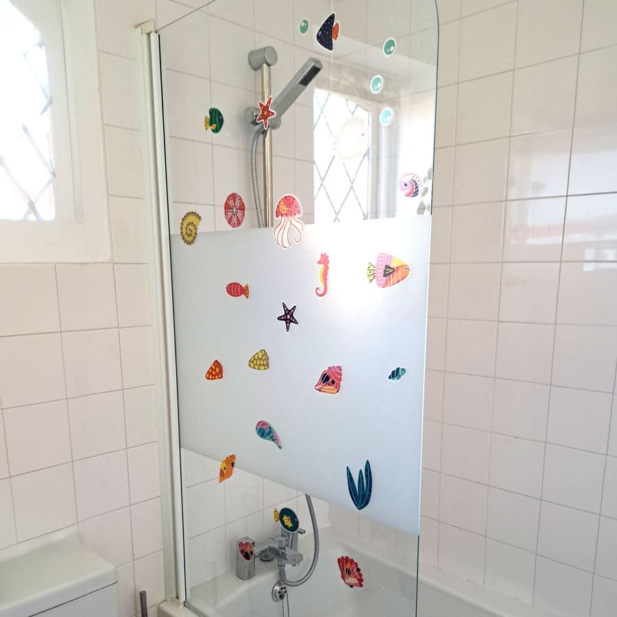 Seashells and Fish Window Stickers on a shower screen