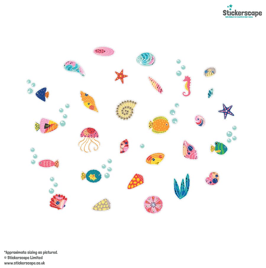 Seashells and Fish Window Stickers on a white background