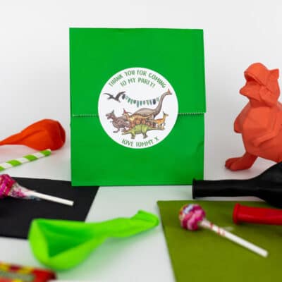 Dinosaur Party Bag Labels on a bag