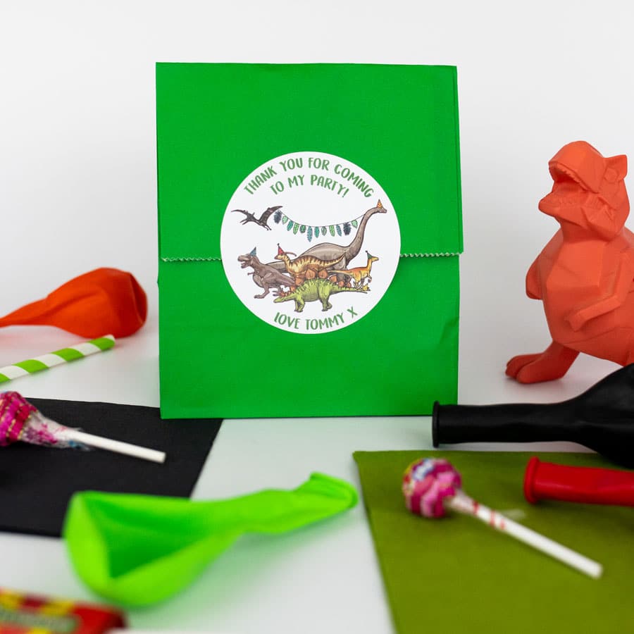 Dinosaur Party Bag Labels on a bag