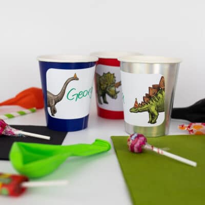 Dinosaur Party Name Labels on cups
