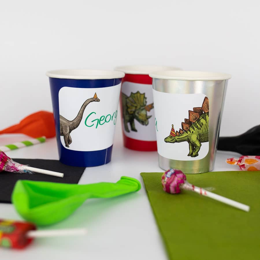 Dinosaur Party Name Labels on cups