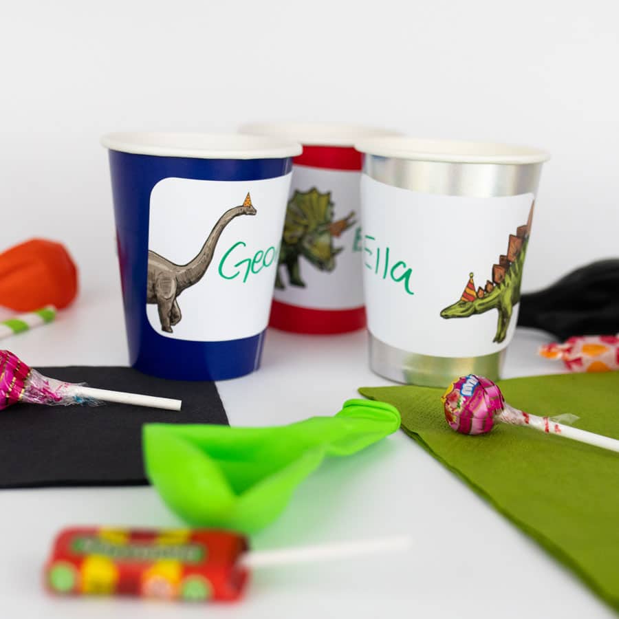 Dinosaur Party Name Labels on cups