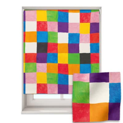 Elmer Patchwork roller blind in a children's window