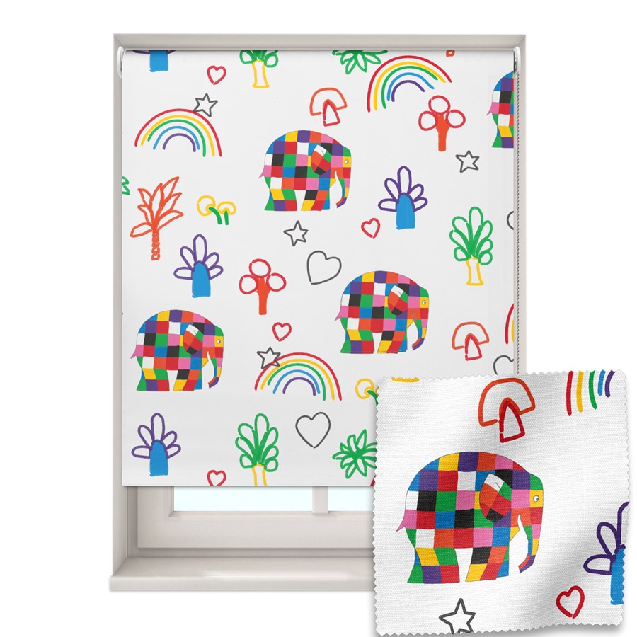 Elmer and Rainbows roller blind in a children's bedroom
