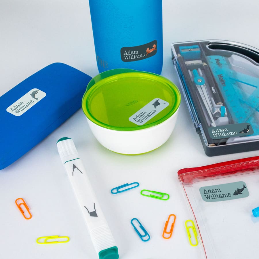 Underwater Name Labels on stationary and water bottle