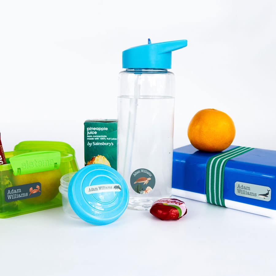 Underwater Name Labels on water bottle and lunch boxes