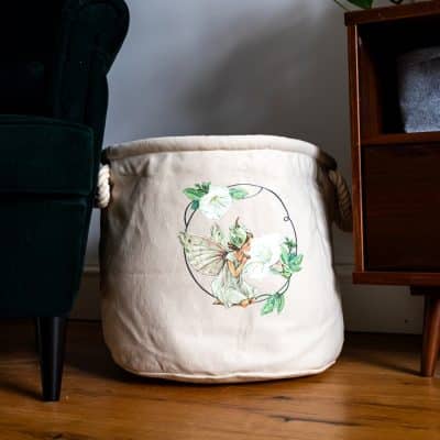 white bindweed storage trug in a living room