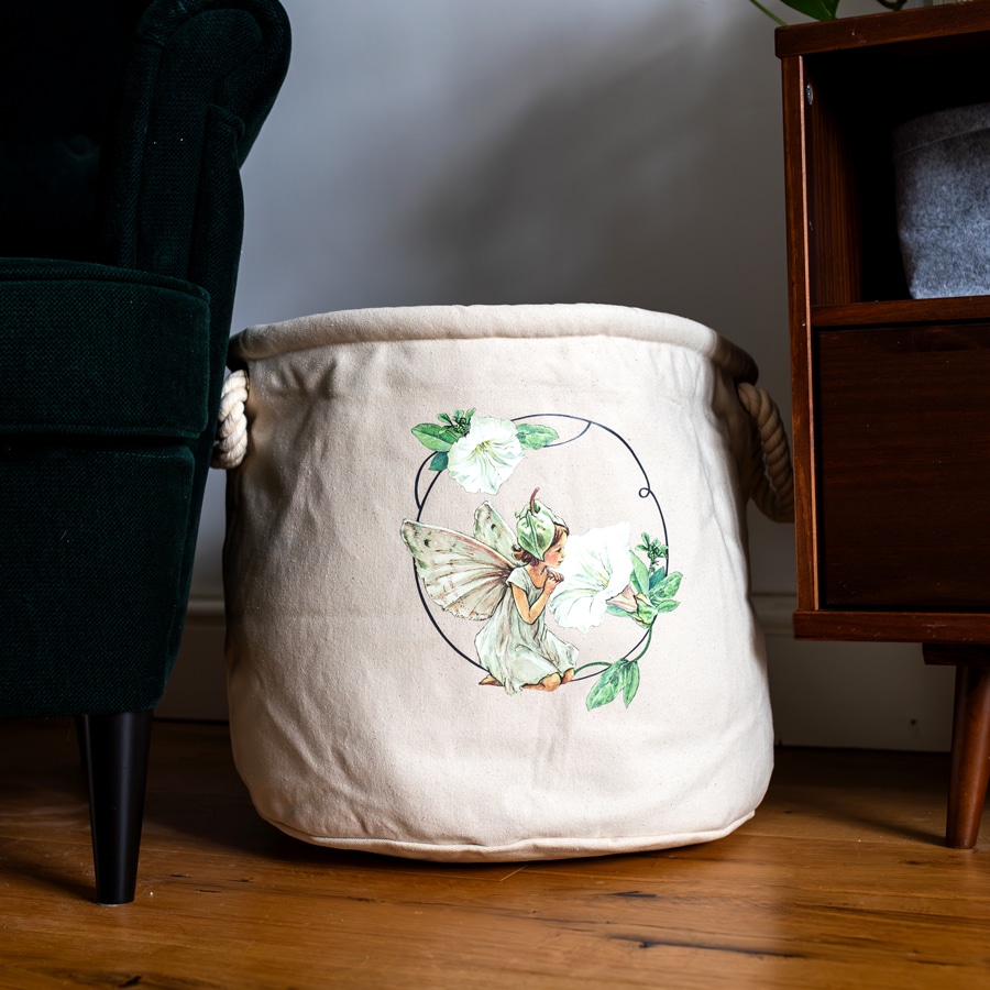 white bindweed storage trug in a living room