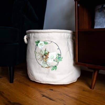 white bindweed storage trug in a living room