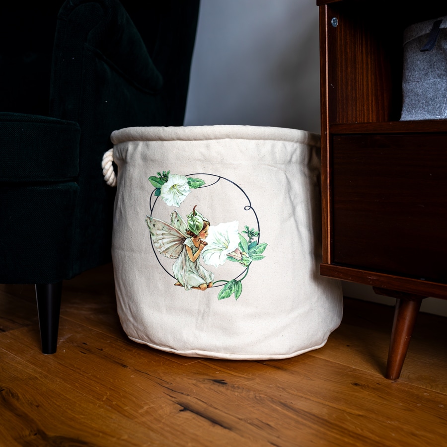 white bindweed storage trug in a living room