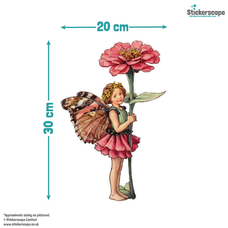 The Zinnia Fairy window sticker with size dimensions