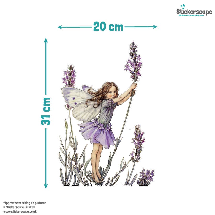 The Lavender Fairy Window Sticker with size guide