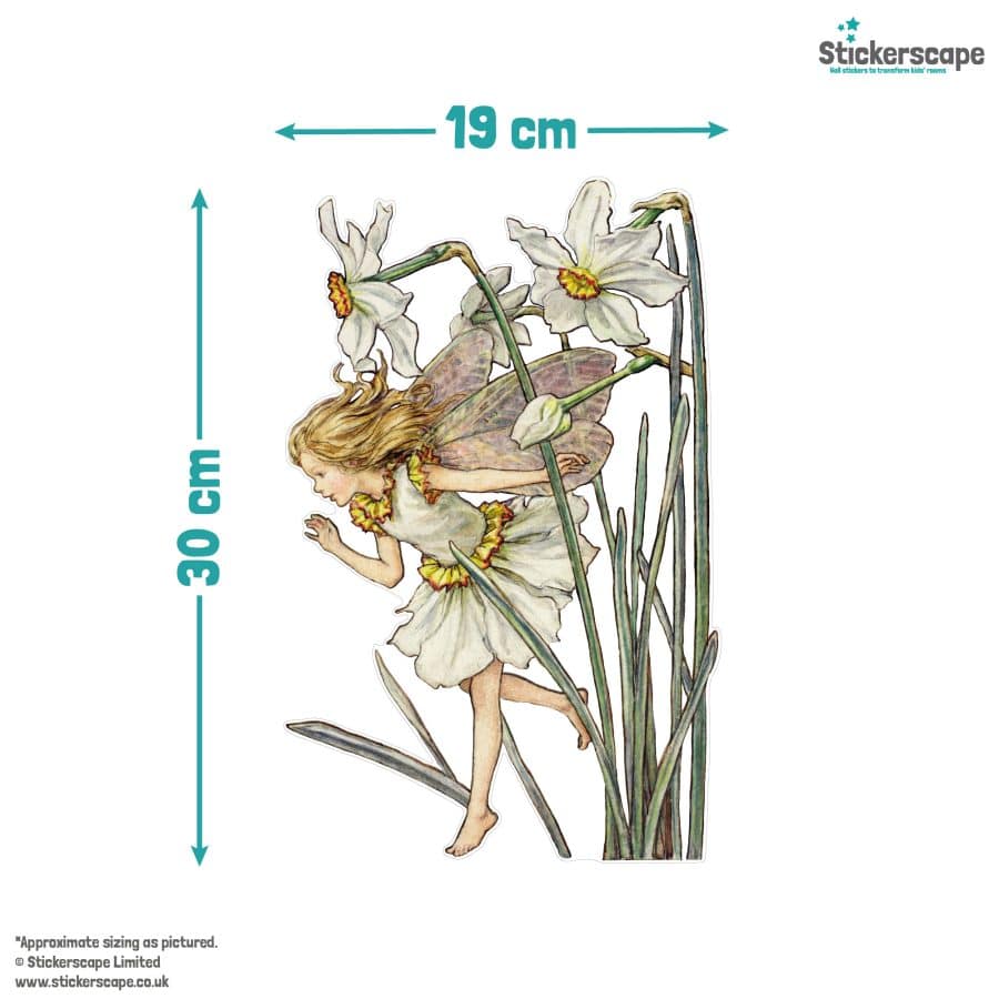 The Narcissus Fairy window sticker with size guide
