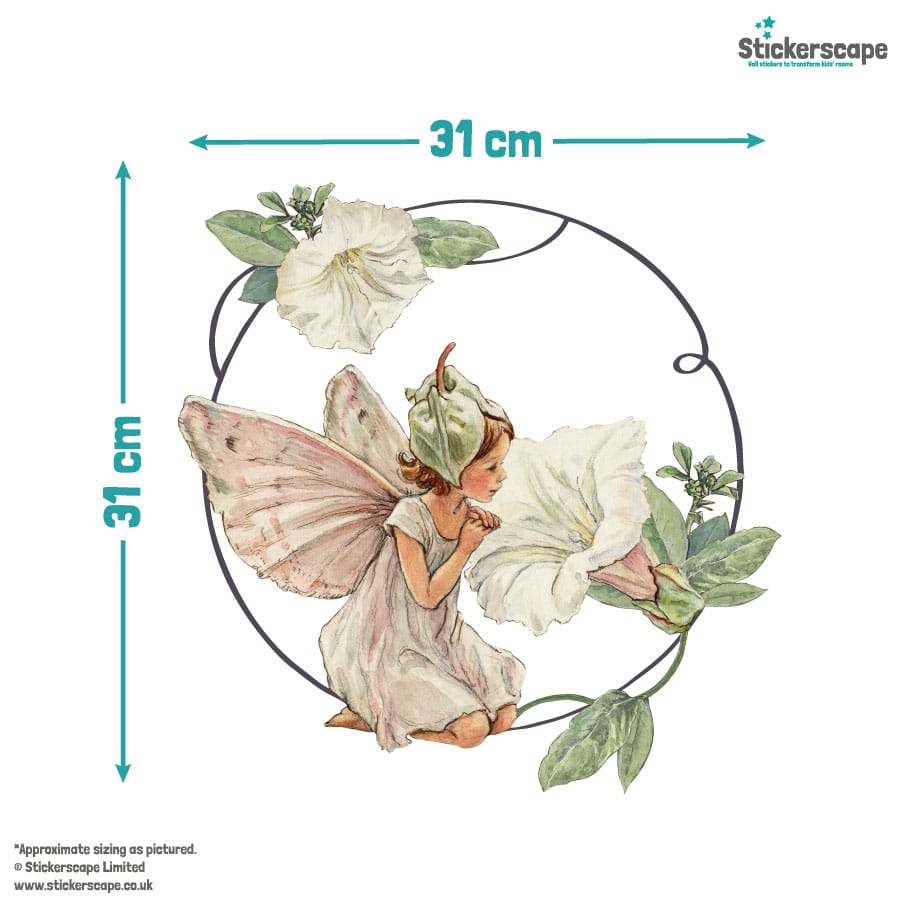 Fairy Wreath wall sticker with a size guide including the White Bindweed Fairy
