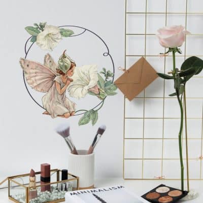 Fairy Wreath wall sticker on a white wall including the White Bindweed Fairy
