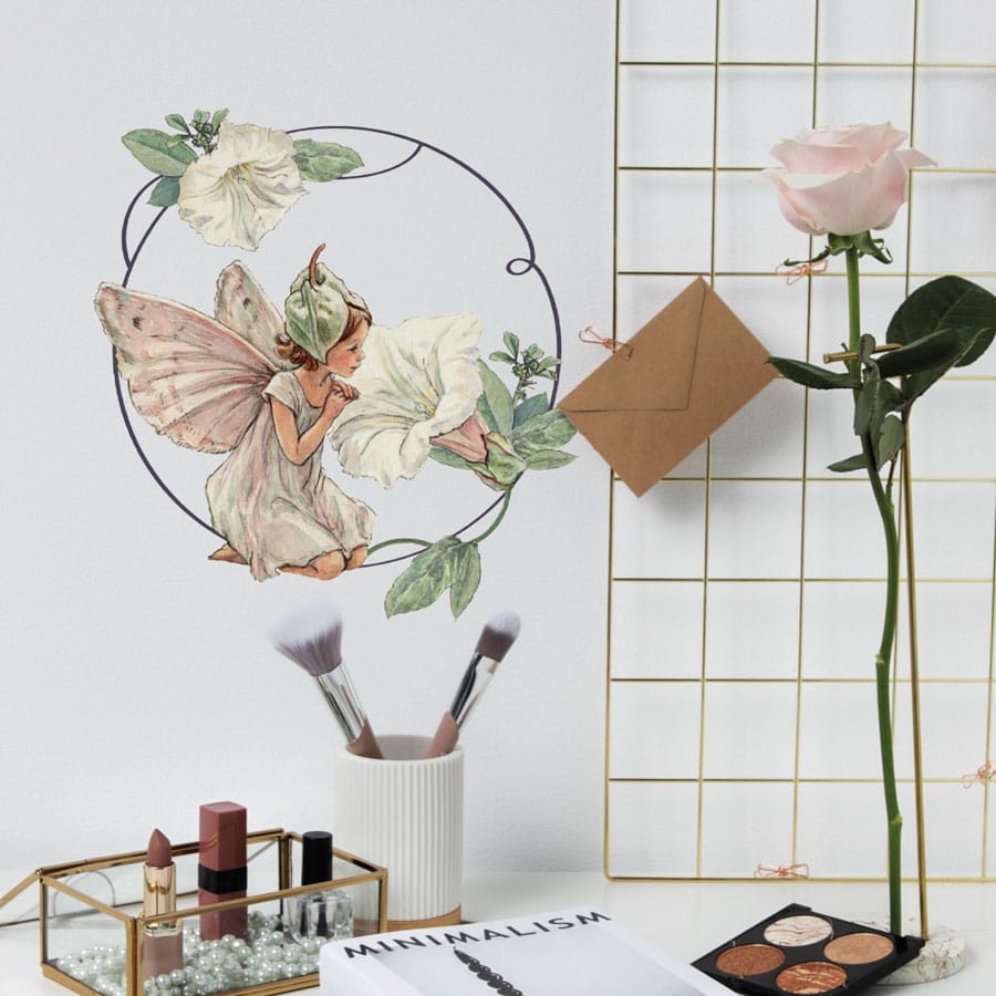 Fairy Wreath wall sticker on a white wall including the White Bindweed Fairy
