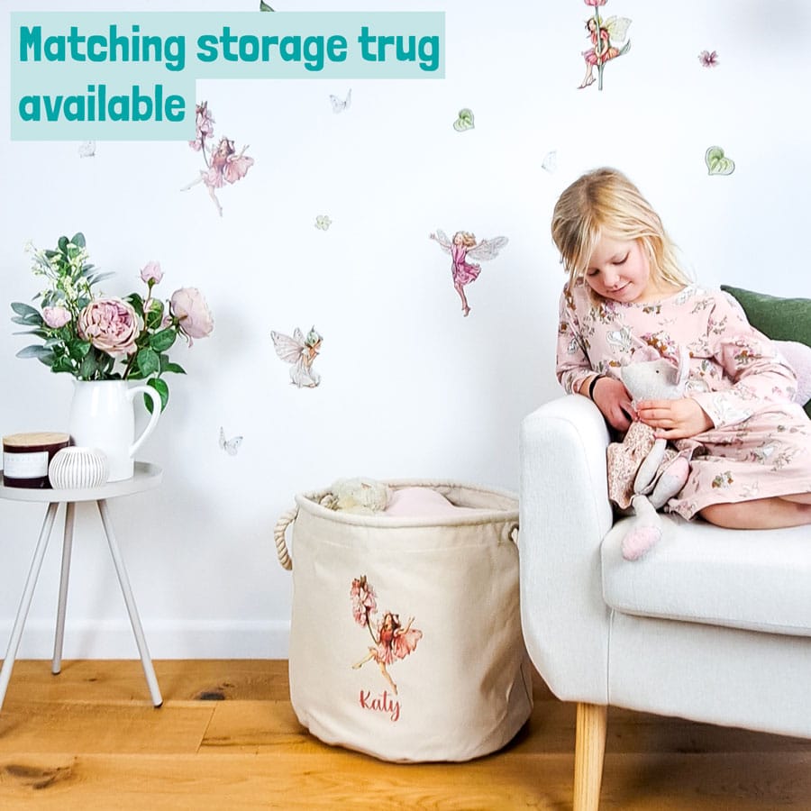 Pink Flower Fairies Wall Stickers in a room with girl sitting and matching storage trug