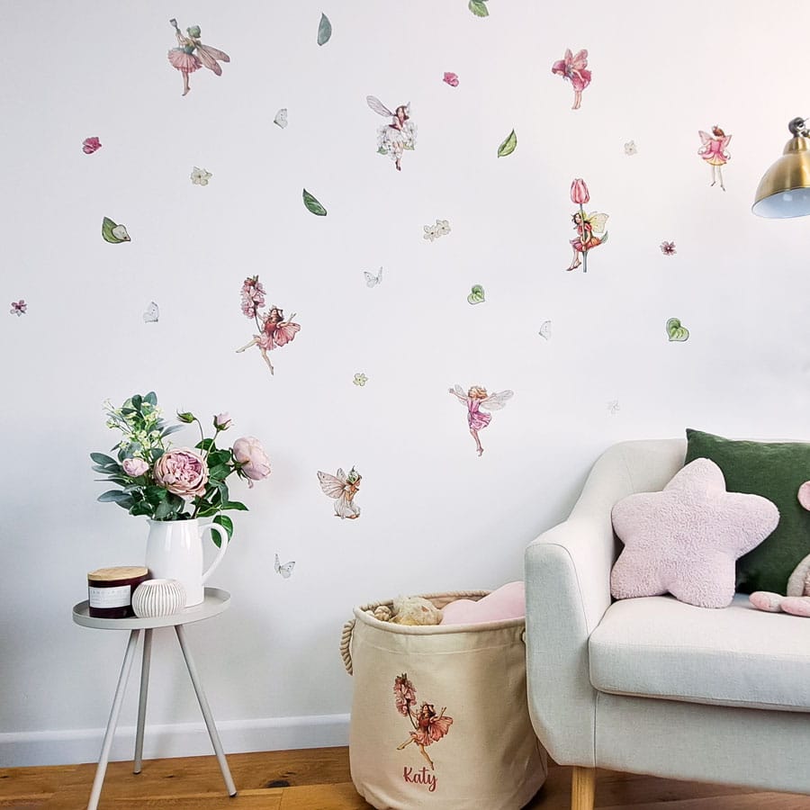 Pink Flower Fairies Wall Stickers lifestyle image with chair and wooden floor