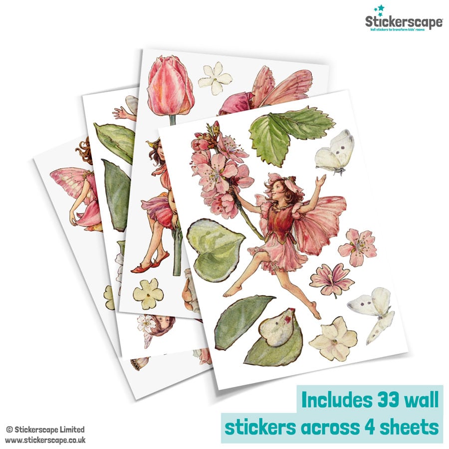 Pink Flower Fairies Wall Stickers showing 4 sheets included in pack