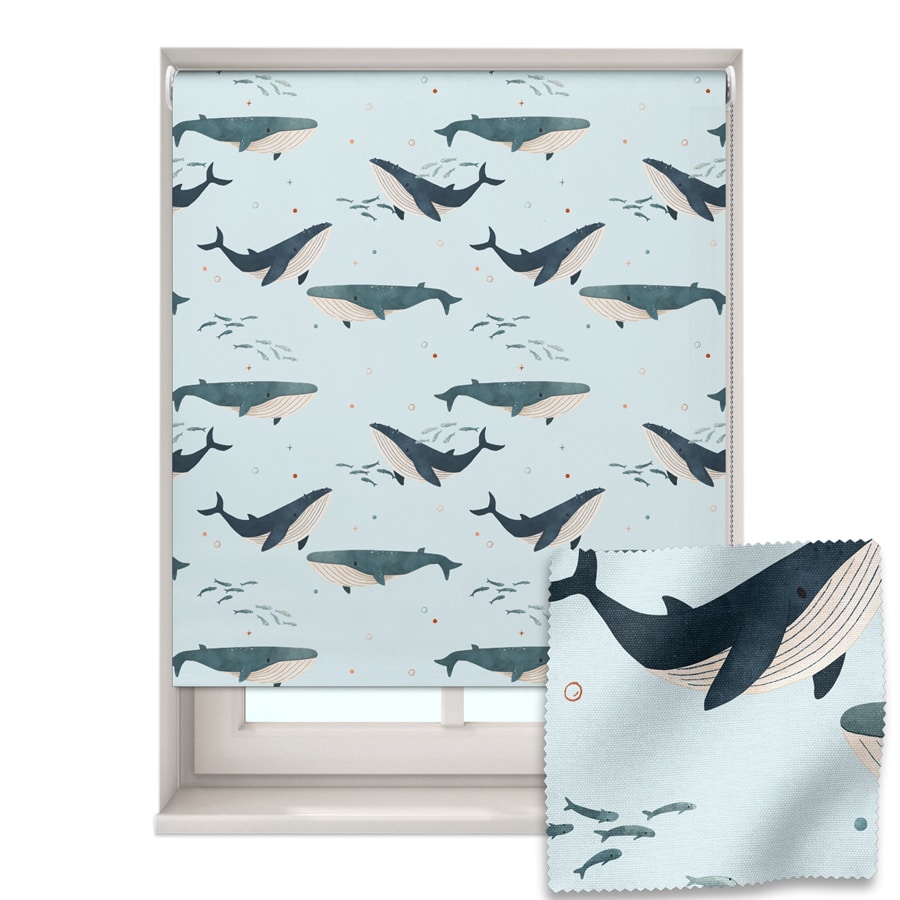 Whales and Fish Roller Blind on a white background with a swatch