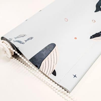 Whales and Fish Roller Blind close-up of pattern with chain