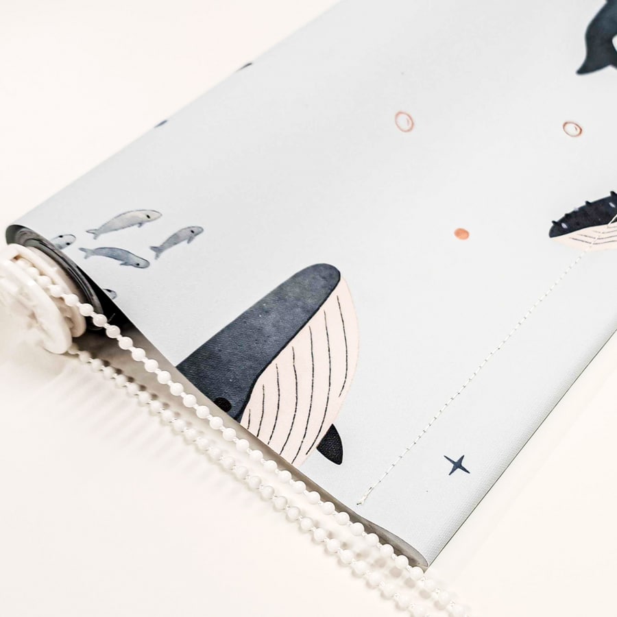 Whales and Fish Roller Blind close-up of pattern with chain