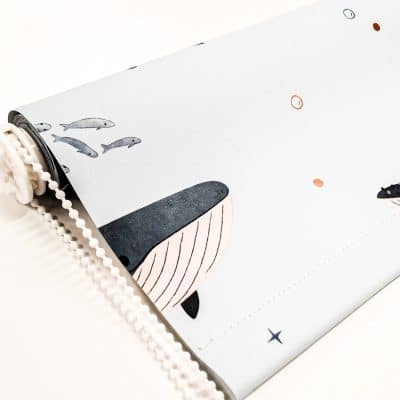 Whales and Fish Roller Blind close-up of pattern with chain