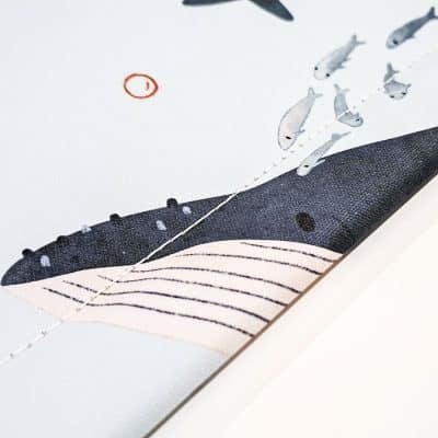 Whales and Fish Roller Blind close-up of pattern with bottom bar stitch
