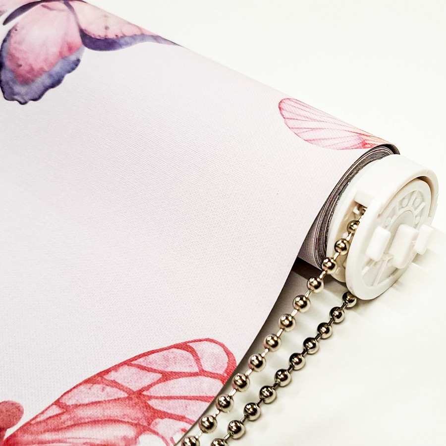 Pink Butterflies Roller Blind close-up with chrome chain