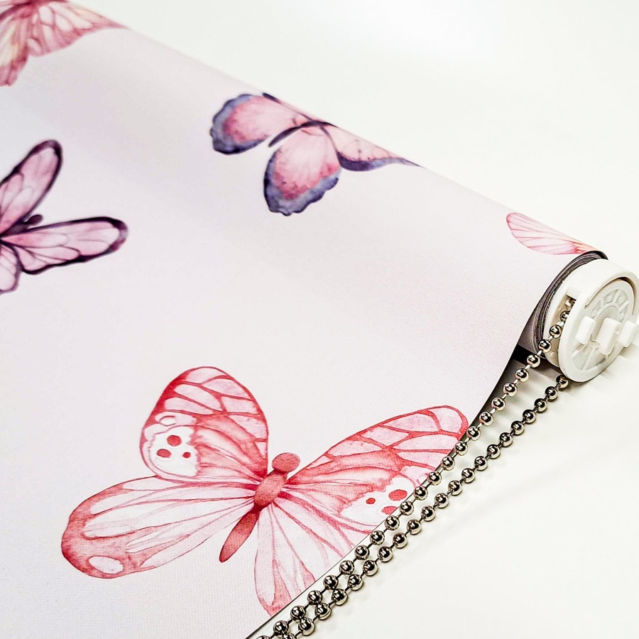 Pink Butterflies Roller Blind close-up with bottom bar and stitching