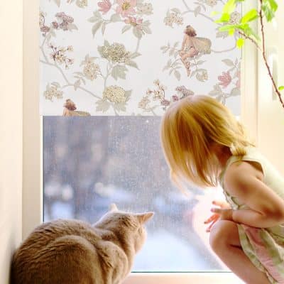 The Jasmine Flower Fairy roller blind with cat and girl in window