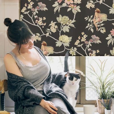 The Dark Jasmine Flower Fairy roller blind with a lady and her a cat in the window sill