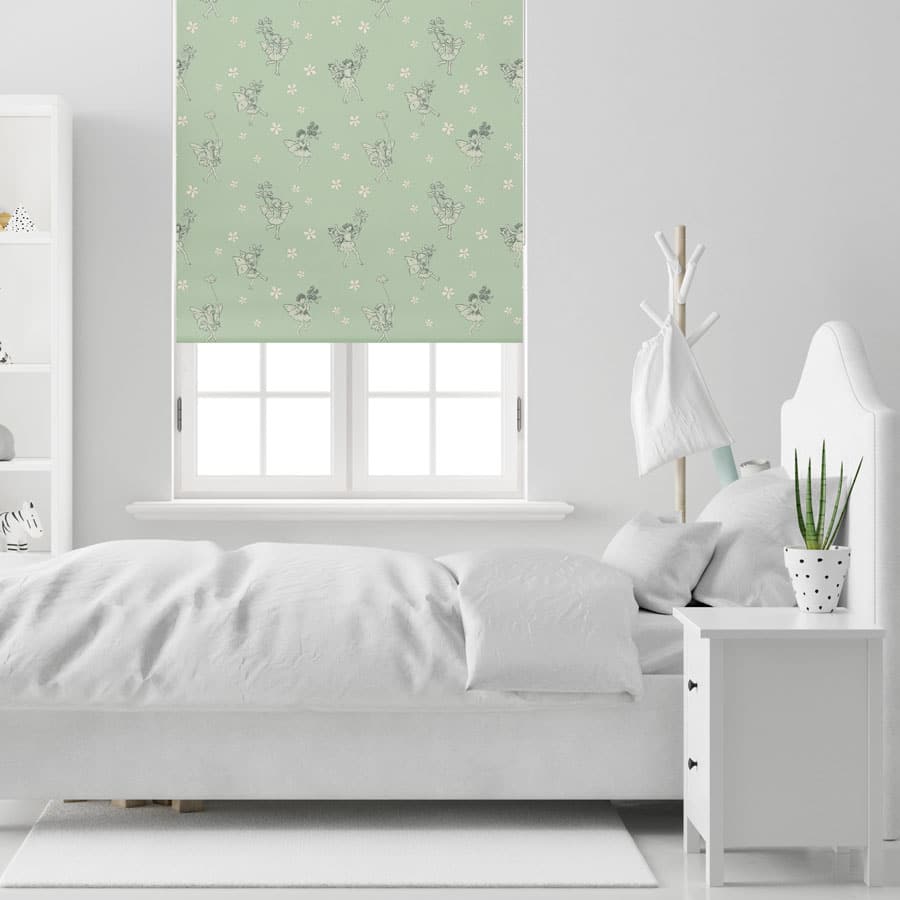 The Green Procession Flower Fairy roller blind installed in a white neutral bedroom