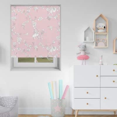 The Pink Daydream Flower Fairy roller blind in a child's bedroom with chest of drawers