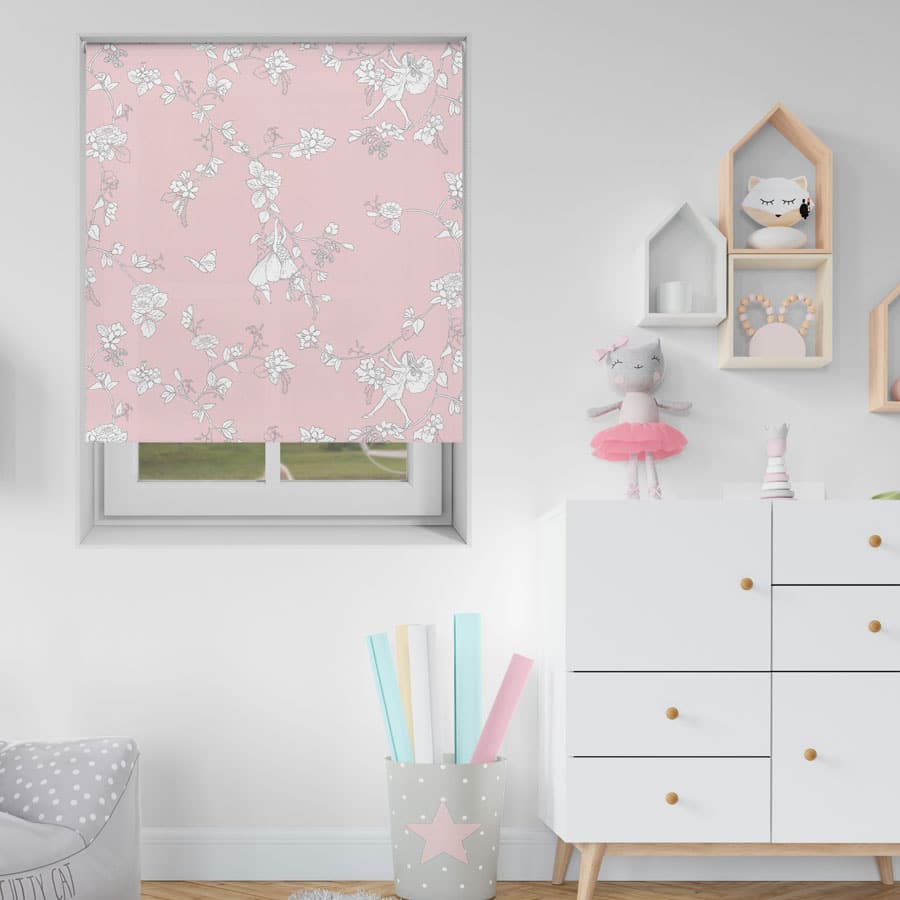 The Pink Daydream Flower Fairy roller blind in a child's bedroom with chest of drawers