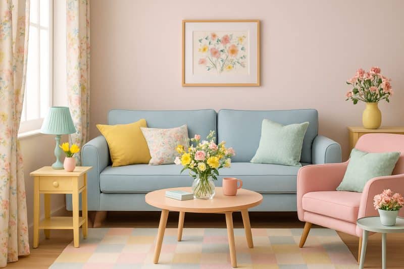 spring living room decor with pastel colour palette