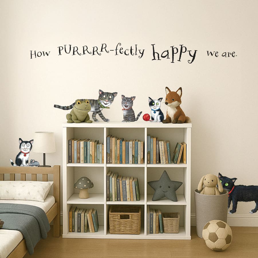 Tabby McTat Family Wall Sticker in a child's bedroom above a bookcase