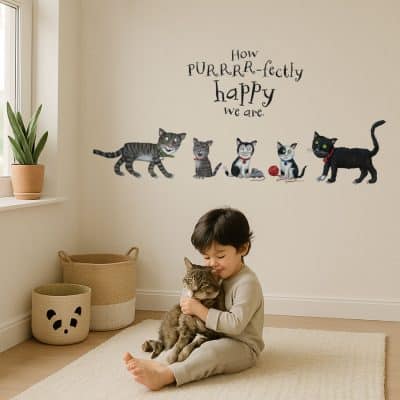 Tabby McTat Family Wall Sticker on a wall in a child's bedroom with child hugging cat