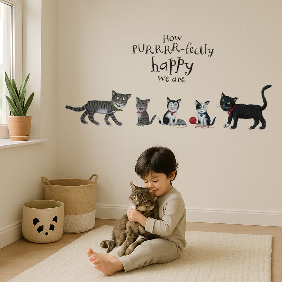 Tabby McTat Family Wall Sticker on a wall in a child's bedroom with child hugging cat