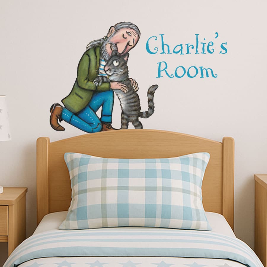 Personalised Tabby McTat Wall Sticker above a bed head