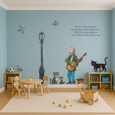 Tabby McTat Wall Stickers decorating a child's playroom with a blue wall