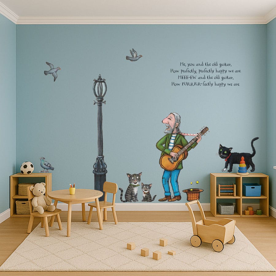 Tabby McTat Wall Stickers decorating a child's playroom with a blue wall