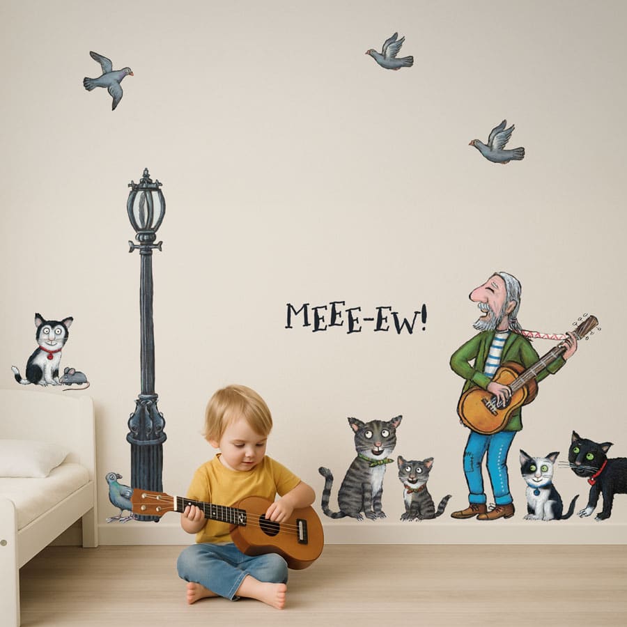 Tabby McTat Wall Stickers decorating a child's bedroom with a boy with his guitar