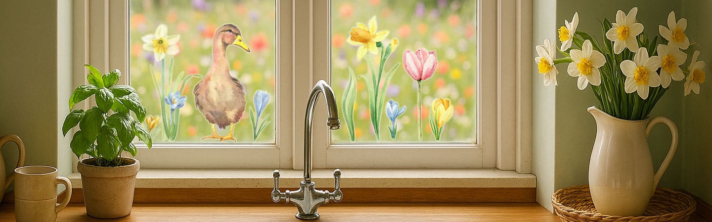 spring window stickers on a kitchen window with wild flowers in the background
