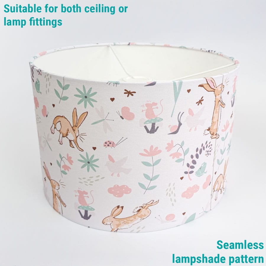 Guess How Much I Love you lampshade showing seamless pattern and suitability for both ceiling or lamp light fittings
