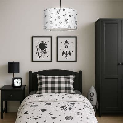 Monochrome Space Lampshade on a ceiling pendant in a child's space themed bedroom with monochrome colour scheme